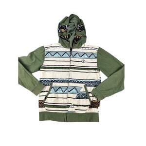 Volcom Women's Green Aztec Striped Full Zip Hoodie Jacket Size M